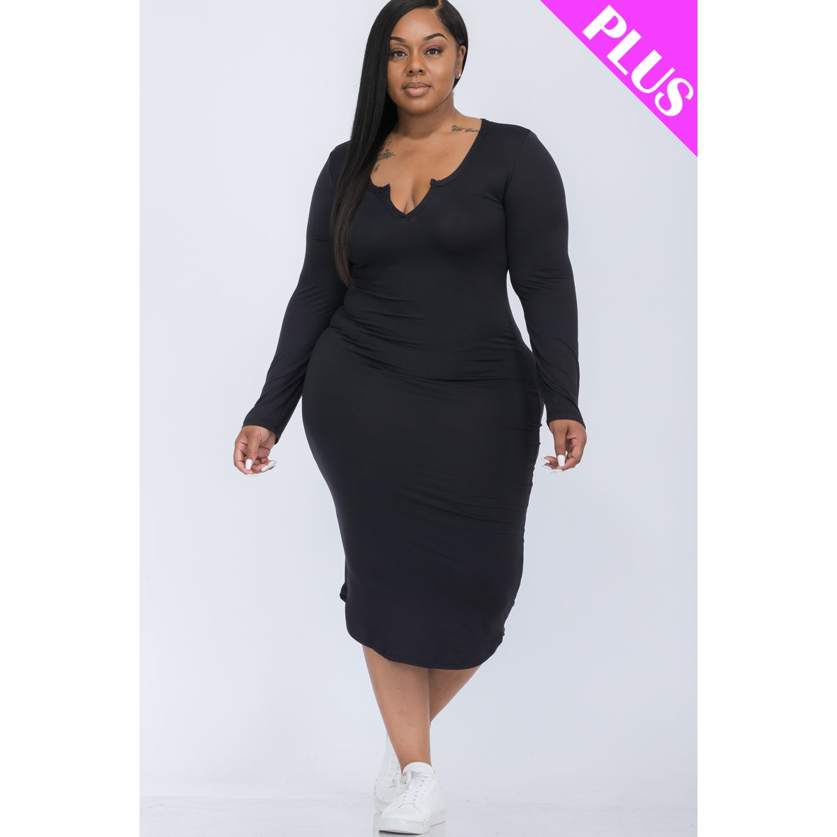 Plus Size Split Neck Long Sleeve Midi Dress