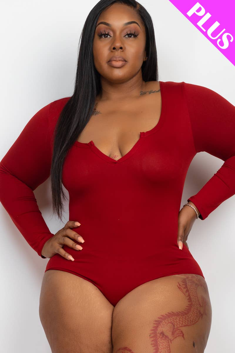 Plus Size Split Neck Solid Bodysuit