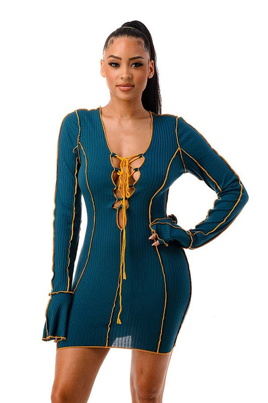 SOLID V NECK MINI DRESS