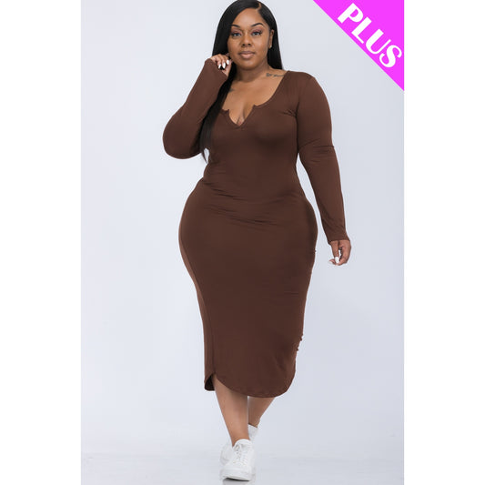 Plus Size Split Neck Long Sleeve Midi Dress
