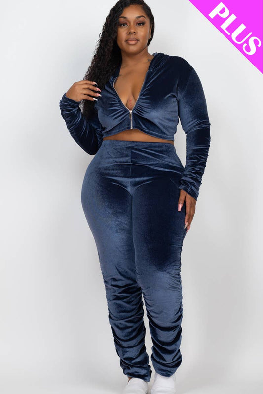Plus Size Velour Ruched Zip Up Jacket & Stacked Pants Set