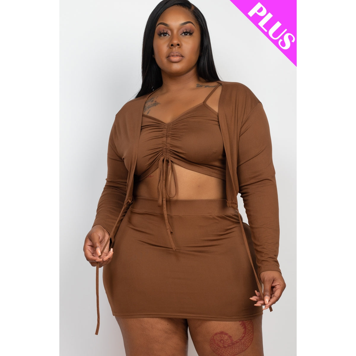 Plus Ruched Cami Top & Skirt Set with Cadigan