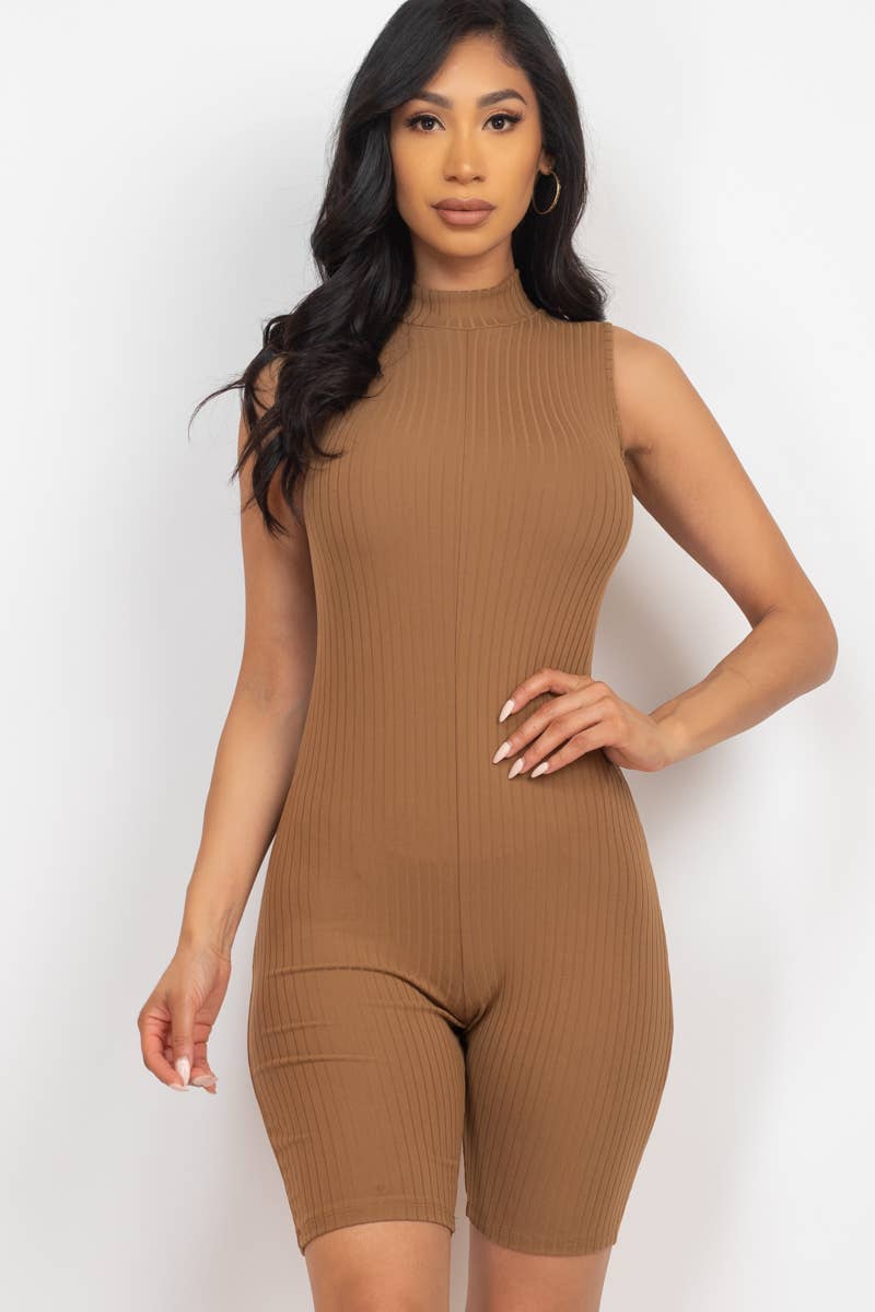 Ribbed Mock Neck Back Zip-Up Casual Romper