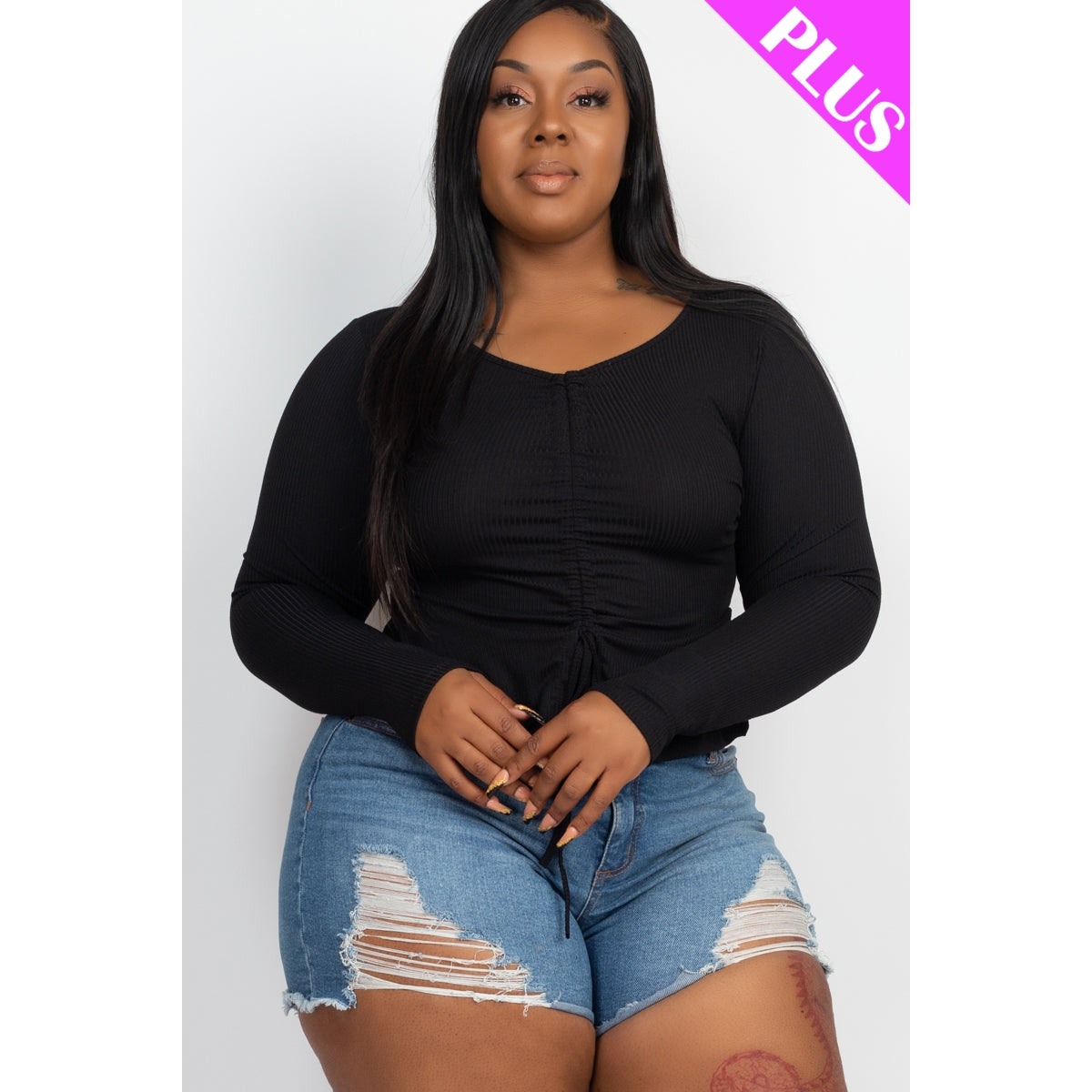 Plus Drawstring Front Peplum Top