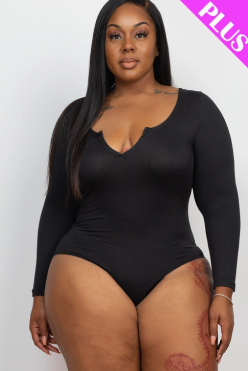 Plus Size Split Neck Solid Bodysuit