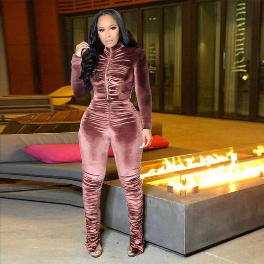 Velvet  Long Sleeeve Athleisure Two Piece Set