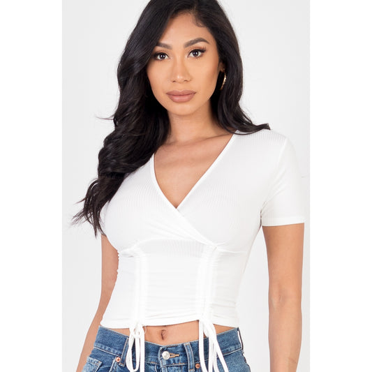 Ribbed Ruched Drawstring Surplice Top